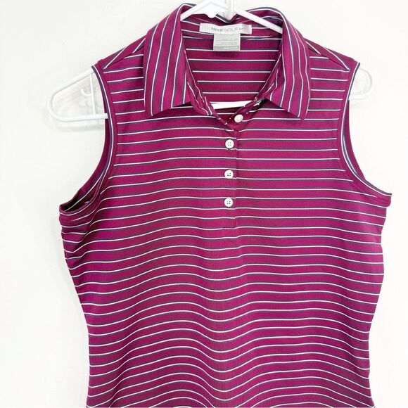 Nike Dri-Fit Magenta Stripe Sleeveless Quarter Button Performance Golf Shirt - Picture 4 of 16